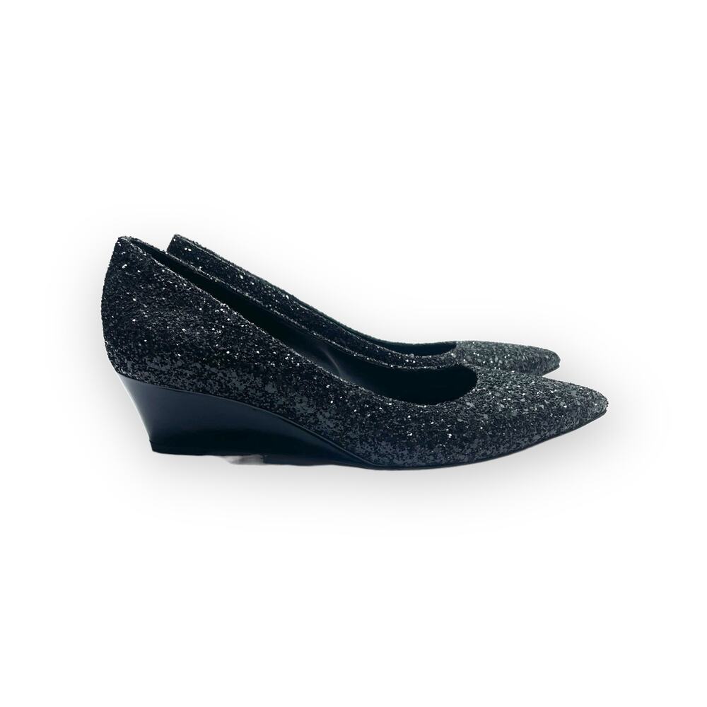 Viajiyu Trento Sequin Wedge Pumps Size 39.5 Black Sparkly Kitten Pointed Toe